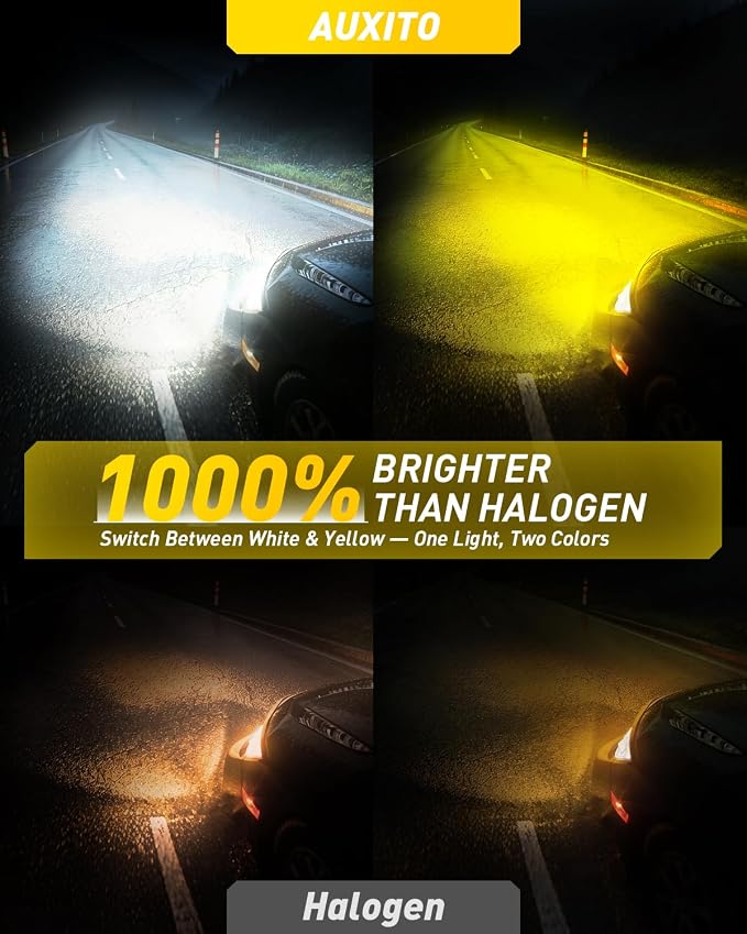 AUXITO 9006/HB4 LED Switchback Bulbs, 6500K White & 3000K Amber Yellow, 1000% 50000LM Ultra Bright, No Flicker, 3Min-Plug and Play, 30+ Years Lifespan, Fits 99% Vehicles, Pack of 2