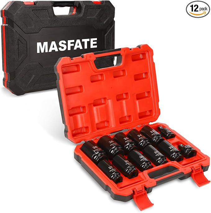 1/2" Metric Impact Socket Set 12PCS, CR-MO, 6-Point,27-38mm | 78mm Deep Socket set, Includes 3/4" to 1/2" Adapter & U-Joint. Ideal heavy-duty kit for car and truck lug nut repair