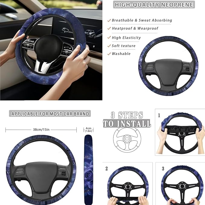 Deep Purple Moon Butterfly Car Seat Covers Full Set 15 Pcs Universal Car Accessories Steering Wheel Cover Seat Belt Pads Garbage Bag Car Headrest Pillow Covers Armrest Pad