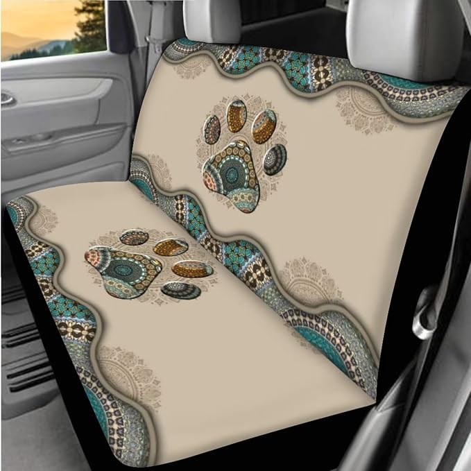BIGCARJOB Boho Dog Paw Car Seat Cover Full Set 15 Pieces Boho Print Car Interior Accessories Set with Universal Steering Wheel Cover Car Trash Can Hanging Seat Headrest Covers