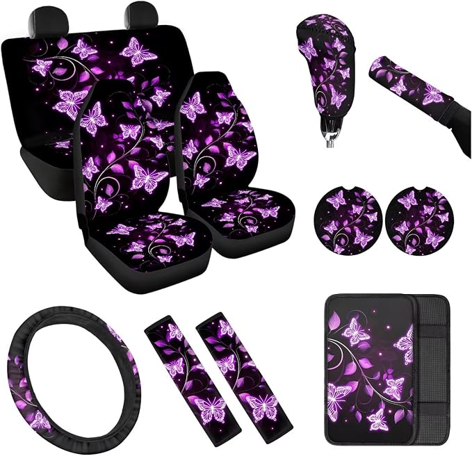 Purple Butterfly Car Seat Covers Full Set 12 Pack Car Steering Wheel Cover Auto Seat Belt Cover Center Console Cover Cars Coasters Gear Lever Cover for Most Cars, SUVs