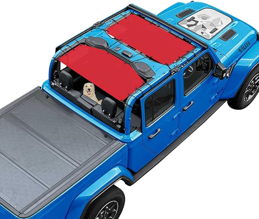 JT Top Sun Shade Roof Compatible with Jeep Gladiator 4 Door 2018 to 2023 Sunshade Sunroof Bikini Cover Blocks UV Wind Noise Cherry Red Mesh for Front and Rear 2 pcs