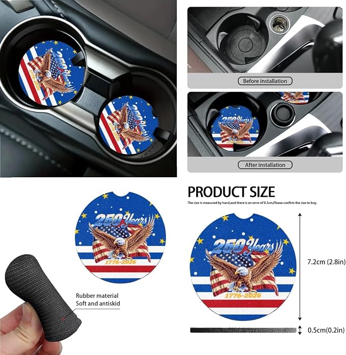 Wanyint Car Seat Cover Set 15 PCS, with Steering Wheel Seat Belt Rearview Mirror Cover Garbage Cans Air Vent Pouch Coasters Keychain US 250th Anniversary Auto Decor, American Flag Hibiscus Eagle