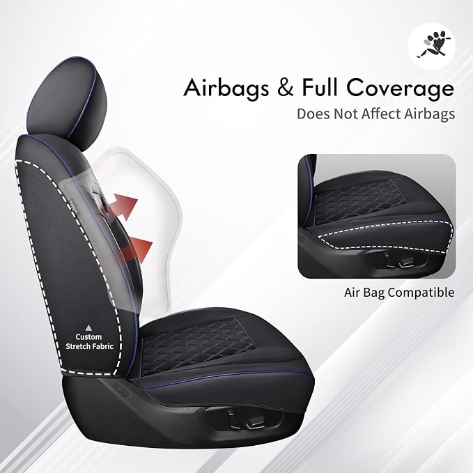 Huidasource Wrangler Seat Covers 4 Door 2007-2017, Front & Rear Airbag Compatible Leather Seat Cover for Jeep Wrangler JK Unlimited Sahara, Rubicon, Sport, Willys (Full Set/Black&Blue)