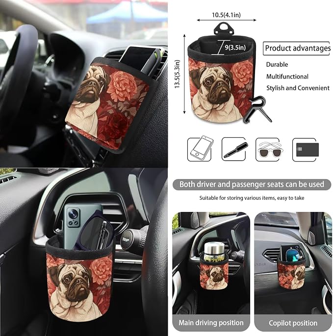 Pug Dog Flower Print Auto Seat Cushion + Steering Wheel Protector + Coaster + Mirror Cover + Seatbelt Pad + Trash Can + Air Vent Storage Poacket + Keychain, Set of 15