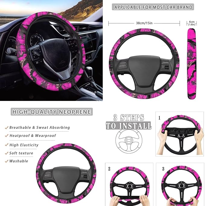 8 Pcs Pink Branches Prints Car Interior Accessories Set for Women, Car Seat Covers Full Set with Auto Steering Wheel Cover Auto Center Console Pad Seat Belt Covers