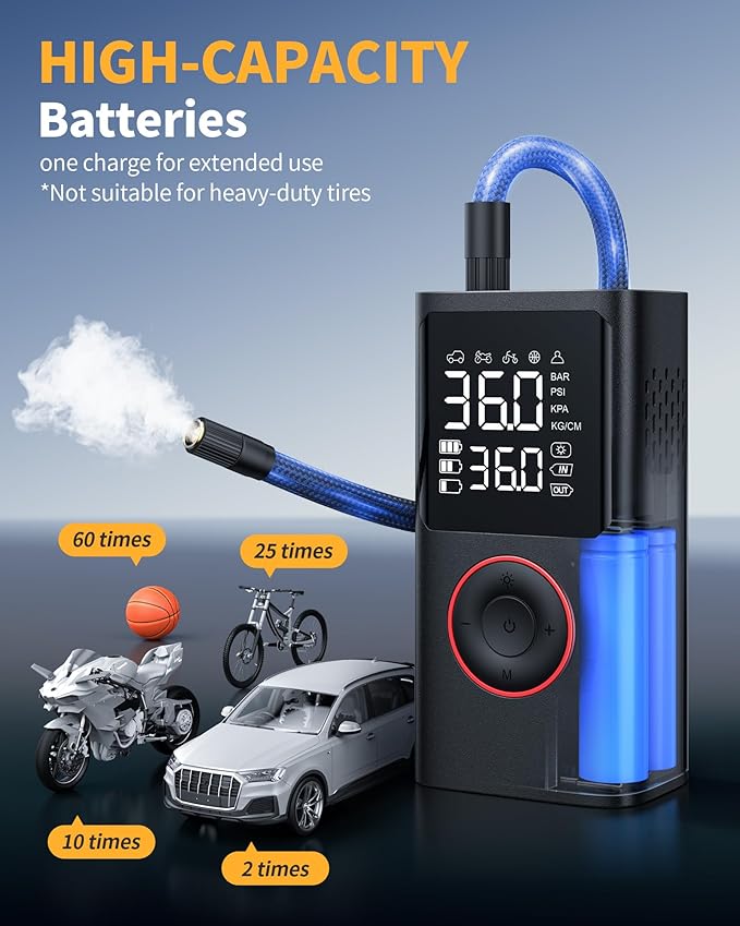 Powools Tire Inflator Portable Air Compressor, 150 PSI Cordless Bike Pump, Air Pump for Auto, Bicycle & Balls with Pressure Monitoring System Gauge & Car Accessories, Black, Standard Capacity