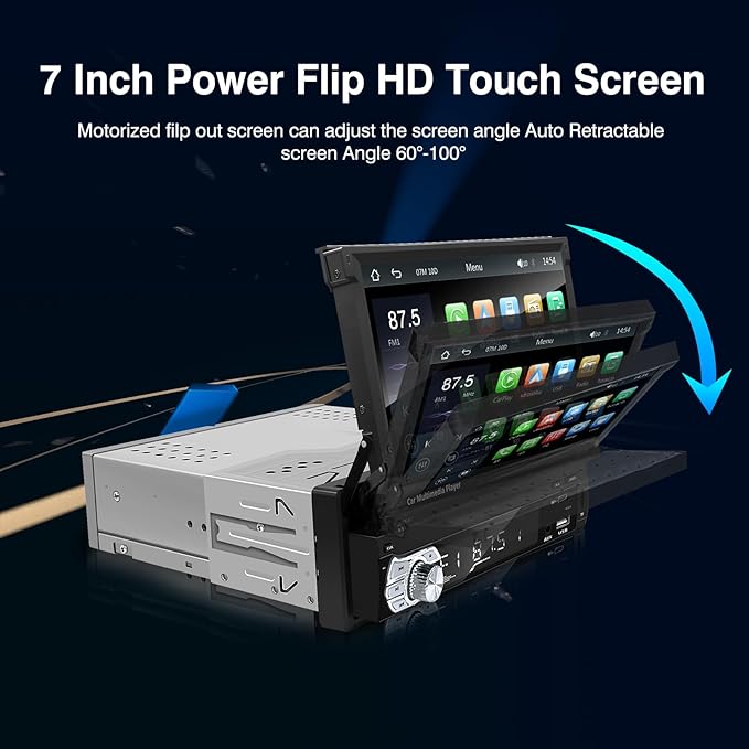 EZoneTronics Type-C&USB Single-Din-Carplay& Android-Auto-Car-Radio 7-inch Flip Out Touchscreen Bluetooth/Backup Camera//FM/RDS MP5 Player