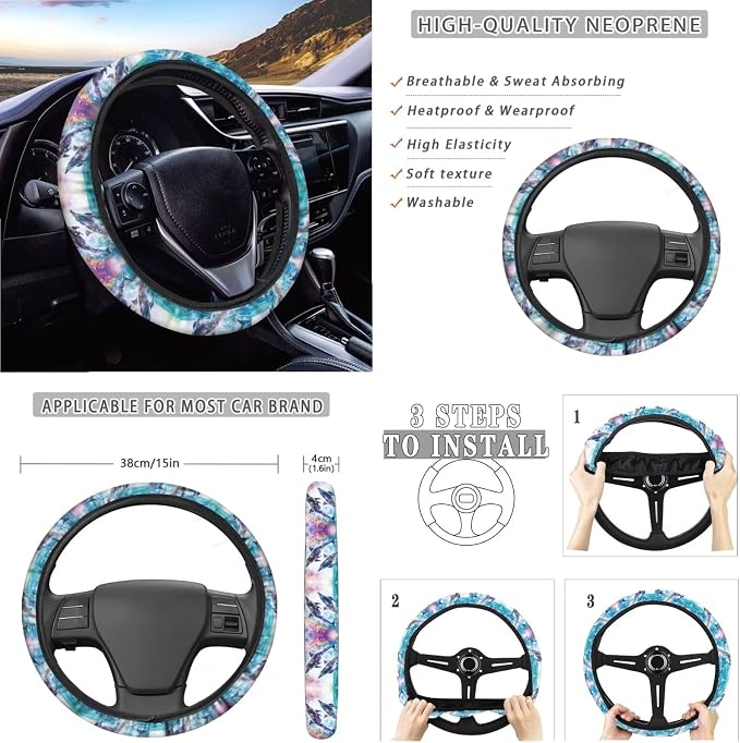 Xoenoiee Dolphin Rainbow Pattern 11 Pieces Car Seat Covers Interior Accessories Set Universal Fit with Steering Wheel Cover, Seat Belt Pads, Keychain, Cup Coasters