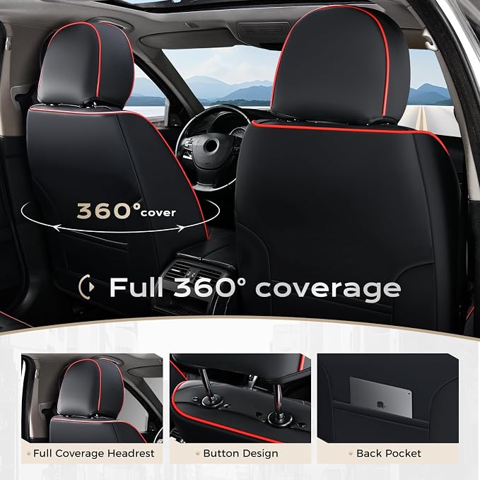 Coverado Car Seat Covers, Front Covers for Cars, Car Seat Cover Front Seats, Automotive Seat Cover, Waterproof, Leather Car Seat Cushion, Universal Interior Seat Protectors for Most Cars Black-Redline