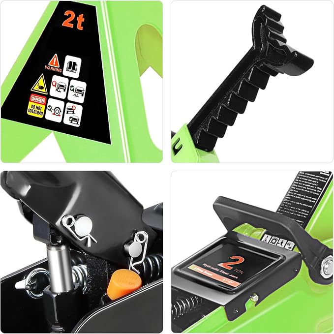 PM PERFORMOTOR Low Profile Hydraulic Trolley Service/Floor Jack Combo with 2 Ratchet Jack Stands, 2 Ton (4000 lbs) Capacity, Green,PM-TOL-FJ3P-GR