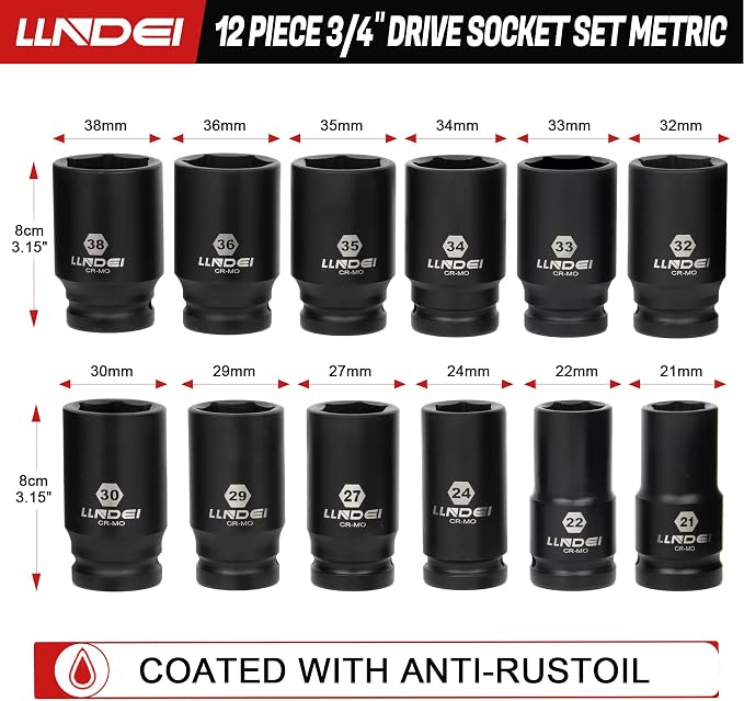 LLNDEI 3/4 inch Drive Impact Socket Set, 12 Piece Heavy Duty CR-MO Deep/Jumbo Sockets 6 Point Design, SAE 3/4" to 1-9/16", for Large Vehicle and Apparatus Maintenance