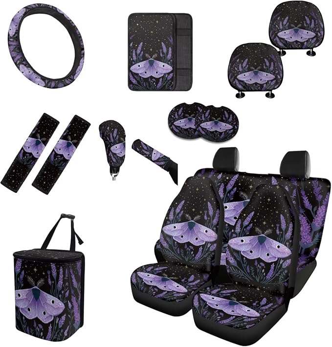 Purple Vintage Moth Car Seat Covers Full Set 15 Pcs Universal Car Accessories Steering Wheel Cover Seat Belt Pads Garbage Bag Car Headrest Pillow Covers Armrest Pad
