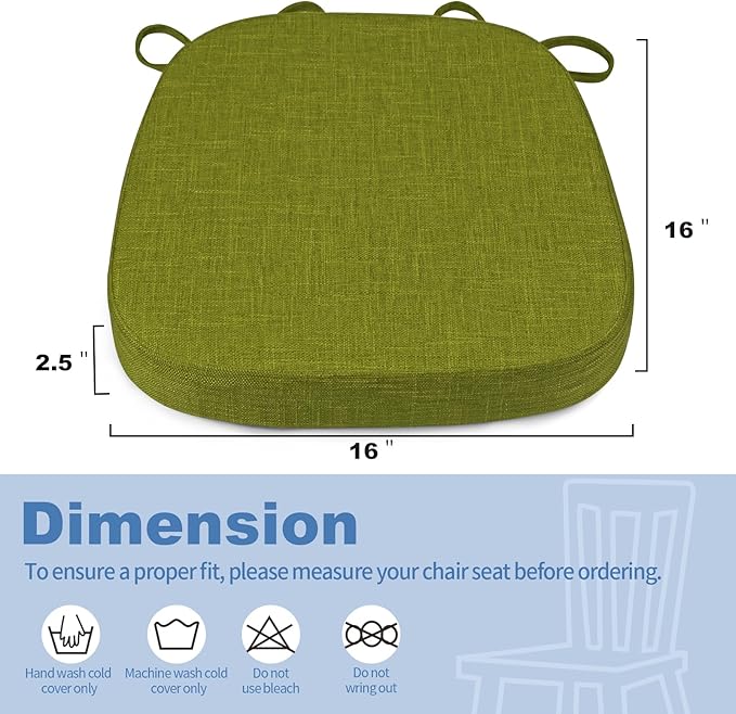BUYUE Thickened 2.5" Dining Chair Cushions Set of 6, U-Shape High Density Foam Comfortable Chair Pads for Kitchen, Slip Resistant Indoor Seat Cushions (6 PCS, Grass Green)