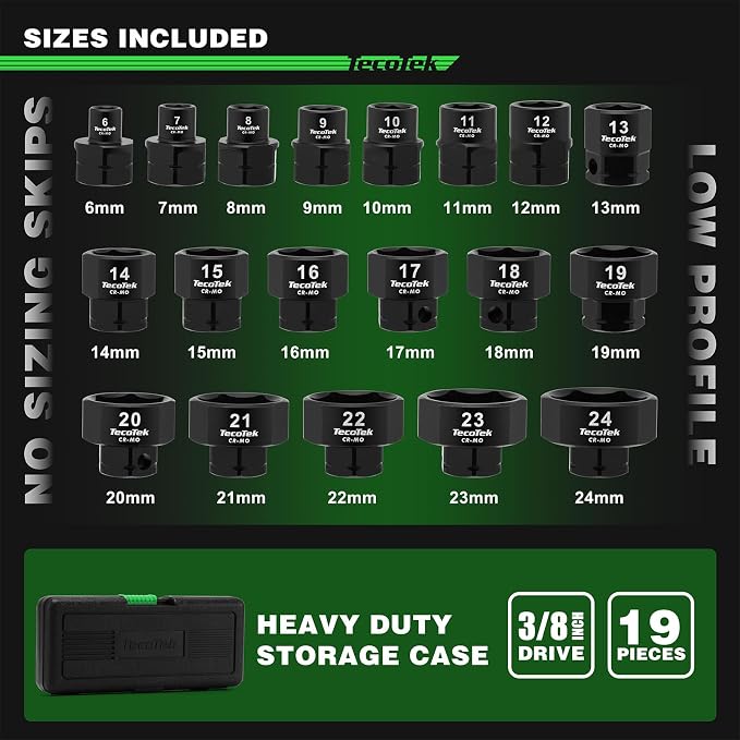 TecoTek 19PCS 3/8-Inch Drive Metric Low Profile Impact Socket Set, Stubby Socket Set, 6mm-24mm, No Skips Sizes, 6 Point, Cr-Mo, Shorter Socket for Tight Areas