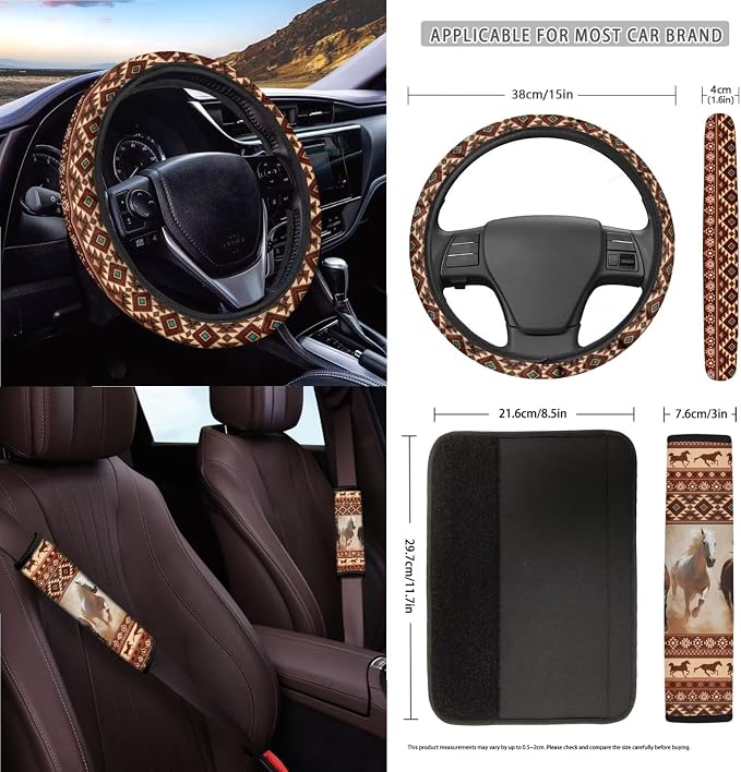 Aztec Horse Printed Car Seat Cover Full Set 15 Pcs with Steering Wheel Cover Seat Belt Pads Cup Coasters Trash Bag Air Vent Case Rearview Mirror Cover Keychain Auto Accessories