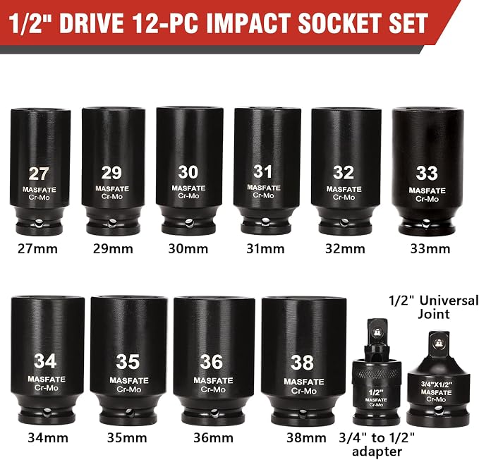 1/2" Metric Impact Socket Set 12PCS, CR-MO, 6-Point,27-38mm | 78mm Deep Socket set, Includes 3/4" to 1/2" Adapter & U-Joint. Ideal heavy-duty kit for car and truck lug nut repair