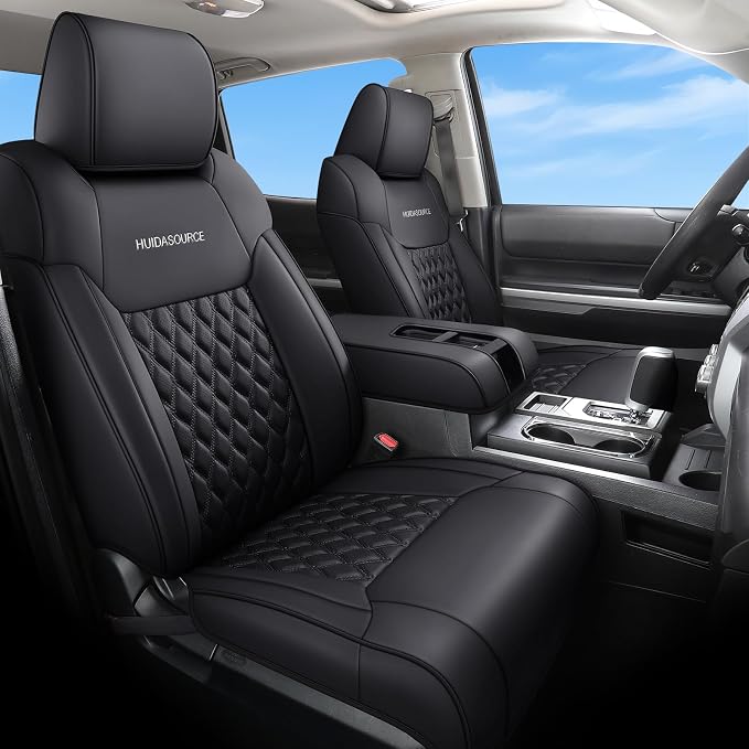 Huidasource Tundra Front Seat Covers, Full Coverage Automotive Black Leather Car Seat Cushion Cover Custom Fit for 2014-2021 Toyota Tundra CrewMax Pickup Truck (Front Pair/Black)