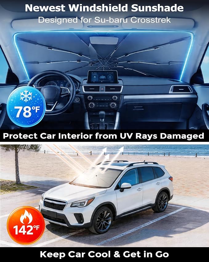 DMJN Umbrella Windshield Sun Shade for Su-baru Crosstrek (2016-2026), Car Sunshade for Front Windshield [Nano Ice-Crystal Coatings] UPF50+ Heat & UV Block, Protect Interior & Keep Cooler