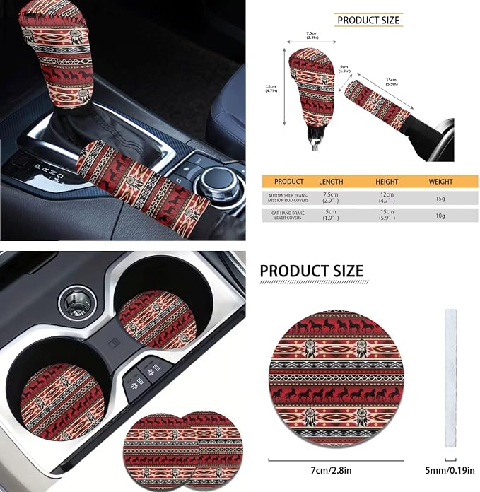 AFPANQZ Red Aztec Horse 11 Pcs Car Front & Rear Seat Covers Full Set Interior Accessories with Steering Wheel Cover, Hand Brake and Gear Shift Knob Cover, Seat Belt Pads