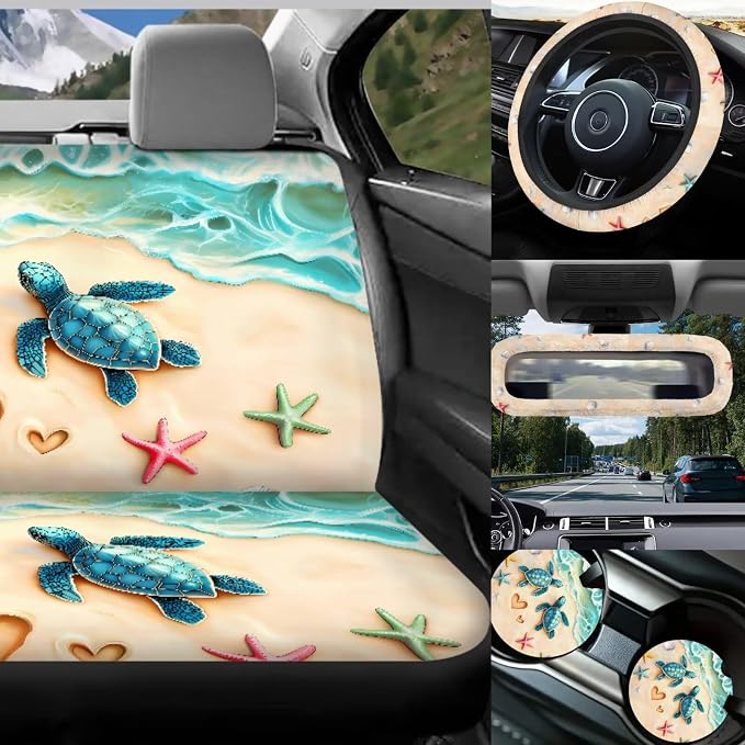 Sea Turtle Car Seat Covers Set Full Set with Rear View Mirror Cover,Green Sea Turtle Car Aaccessories of 17 Pcs,Universal Auto Interior Decor with Head Rest Covers,Car Trash Can for Women Man