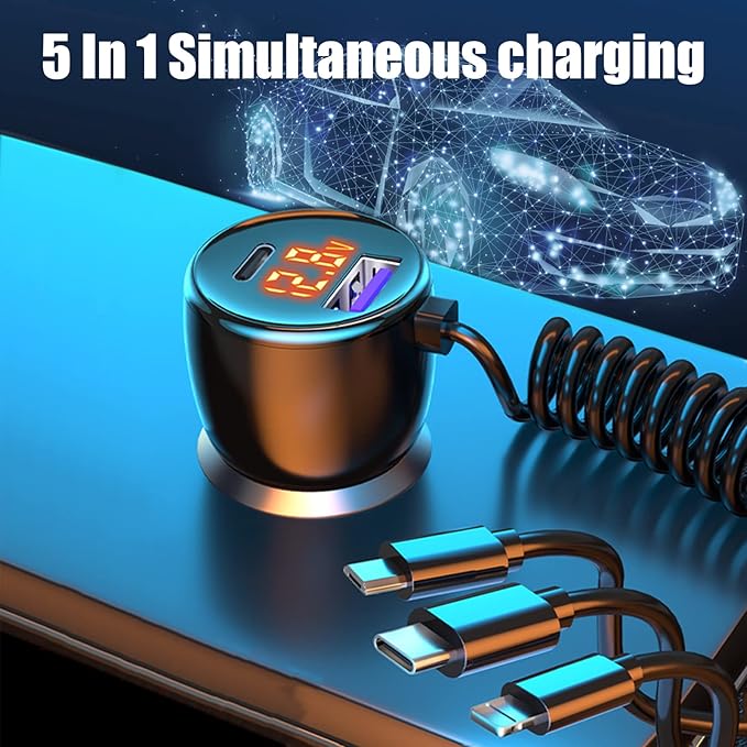 Phmnkl Super Fast Car Charger Type C, 66W+65W+20W QC3.0&PD3.0 5 Port Built-in 4FT Cable USB C Car Charger Fast Charging for iPhone 14/13/12/Google/Pixel/Motorola/LG Android Phones
