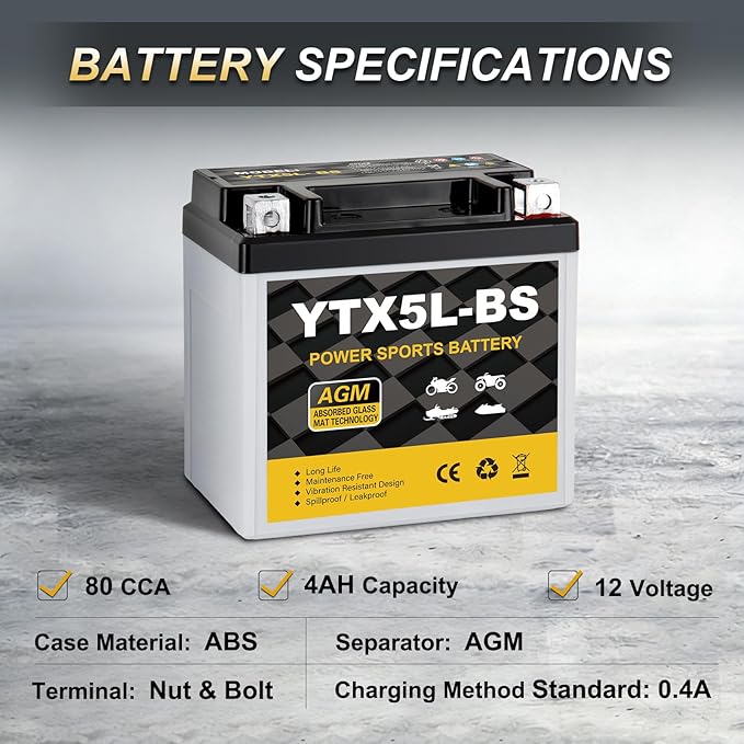 DaakmaxYTX5L-BS Motorcycle Battery 12V 4Ah, 80 CCA Sealed AGM Rechargeable Maintenance Free Battery, Replacement for ATV, 4 Wheeler, Scooter, Dirt Bike