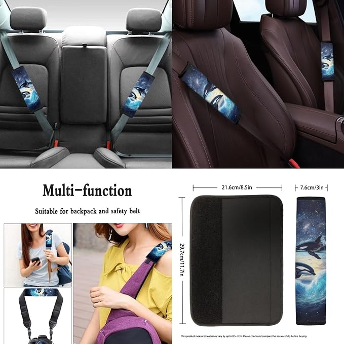 Killer Whale Car Seat Cover Set with Steering Wheel Wrap, Gear Lever Cover Hand Brake Cover and Seatbelt Pad Cover, Cup Holder Coaster Full Set of 11 Pack Auto Accessories