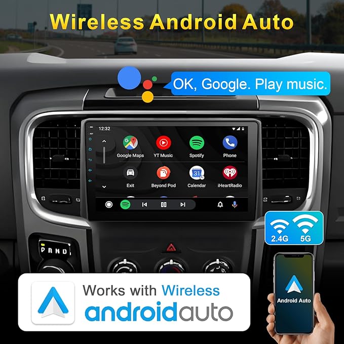 8 Core 4+64G Car Stereo Radio for Dodge RAM Upgrade 1500 2500 3500 2013 2014 2015 2016 2017 2018 with Wireless CarPlay and Android Auto,9 inch Touch Screen Radio Replacement (Only fit Manual AC)