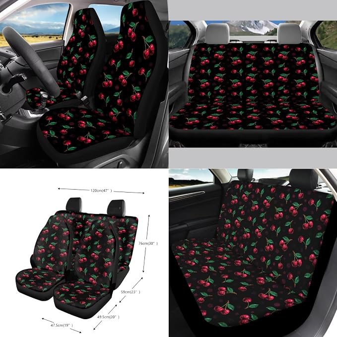 Cherry Print Car Seat Cover Set of 15, Decorative Front Back Seat Covers Steering Wheel Cover Safety Belt Pads Garbage Bag Car Air Vent Storage Bag Cup Mats, Easy to Install
