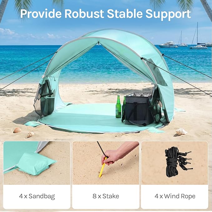 Wolfwise Pop up Beach Tent Sun Shelter with UPF50+ UV Protection, Instant Easy Setup Popup Beach Shade Canopy for 3 Person, Portable & Foldable with Carring Bag, 87 ×57×47 in, Mint Green
