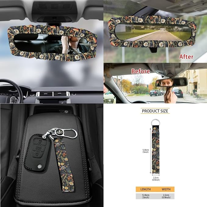 Dragonfly Mushroom Daisy 15Pcs Car Seat Cover Sets Car Steering Wheel Cover Seat Belt Cover Trash Bin Air Vent Storage Box Front Rear View Mirror Car Cup Holder Keychain
