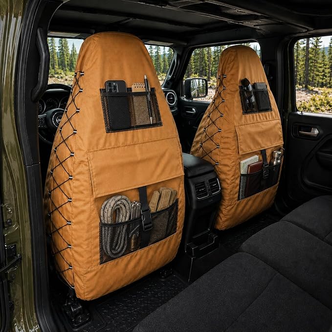Coyote Tan Canvas Seat Covers for Jeep Wrangler JL/JK/TJ/YJ 2-Door/4-Door, Durable Tactical Multi Pockets Trucks Seat Protectors Front Pair Rain Defender (Coyote Tan)