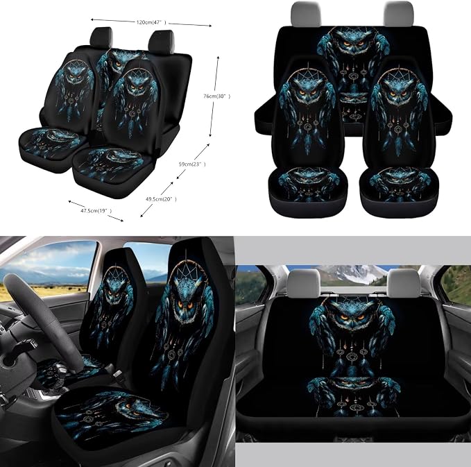Owl Dreamcatcher Print Car Seat Covers Full Set Car Accessories Pack of 10 Steering Wheel Cover Car Trash Can Keychain Air Vent Pounch Bag Cup Holder Interior Covers for Auto