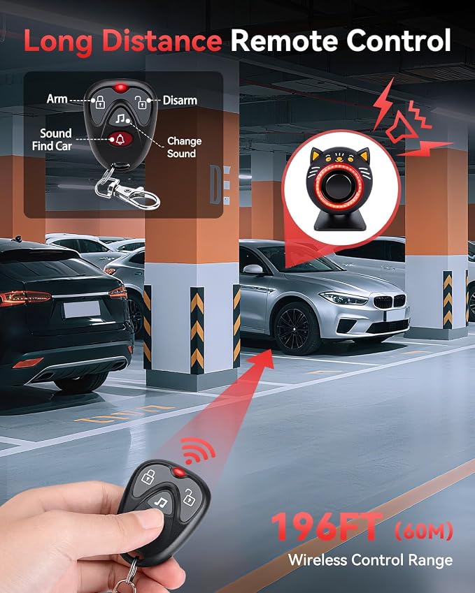 ELECTOP Anti Theft Car Device Bundle (Car Alarm System with Motion Sensor & Sound + Steering Wheel Lock) Car Alarm System for Auto Truck Van SUV