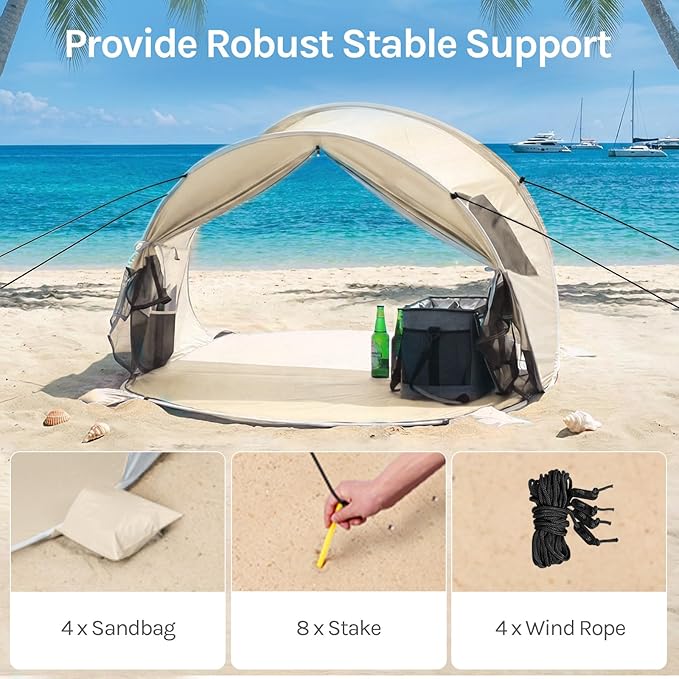 Wolfwise Pop up Beach Tent Sun Shelter with UPF50+ UV Protection, Instant Easy Setup Popup Beach Shade Canopy for 2 Person, Portable & Foldable with Carring Bag, 79 ×49×38 in, Beige