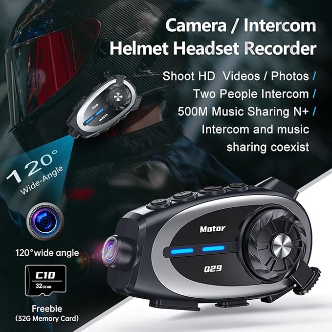 2 Way Intercom Helmet Headset with Camera - IP67 Wireless Motorcycle Voice Talk Headset 1080P Helmet Dash Cam Communication Walkie-Talkie, 1600FT Intercom, 1500mAh Battery, Music Sharing
