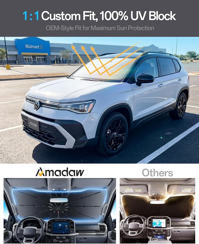 Windshield Sun Shade for Volkswagen Taos 2022–2026, Foldable Umbrella Sunshade with 100% UV Block, Multi-Layer Heat Insulation, Reinforced 10-Rib Frame, Keeps Car Cooler, Summer Car Accessory