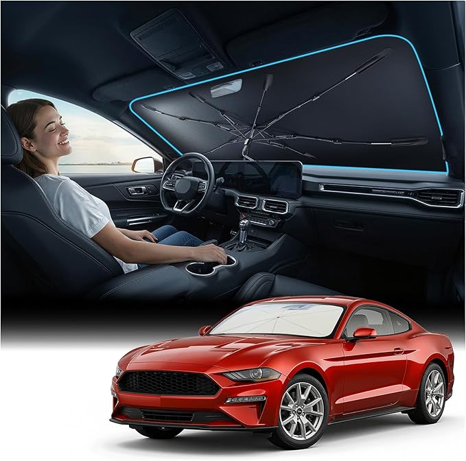 [2026 Upgraded] Nmoiss Windshield Sun Shade Umbrella for Mustang - [Vinyl Coating Heat Shield] Protect Car from Sun Rays & Heat Damage Keep Cool and Protect Interior, Spring Structure Edge