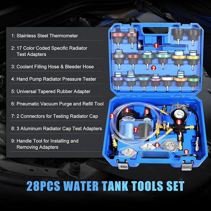 JIFETOR 28PCS Radiator Pressure Tester and Coolant Refill Tool Kit, Auto Cooling System Leakage Test and Pneumatic Vacuum Purge Filling Set Universal for Airlift Car Auto Truck