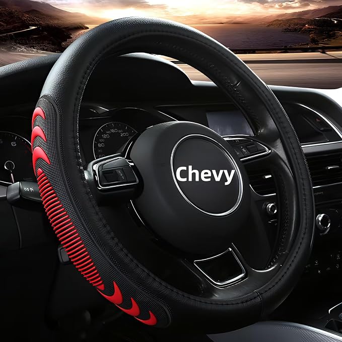 Leather Steering Wheel Cover for Chevy Silverado 1500 2500 3500, 14.5-15 inches Car Steering Wheel Cover with Anti-Slip Massage Particle (Red)