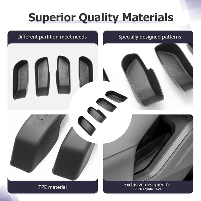 LUWU 2026 RAV 4 Car Door Side Organizer Compatible with 2026 RAV 4 Accessories Car Door Storage Box Insert Tray Center Console Organizer Armrest Storage Box TPE Material 4-Pack