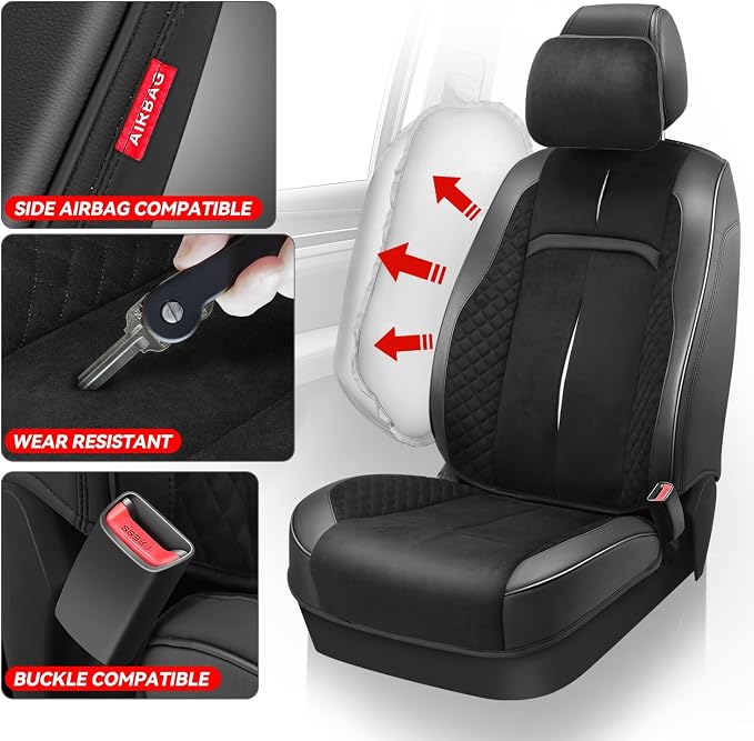 Auto Dynasty Car Seat Covers Full Set, Automotive Seat Covers for Cars Breathable Waterproof, Universal Anti-Slip Car Interior Protectors Compatible Airbag Fit Most Cars, Black, Voris Series