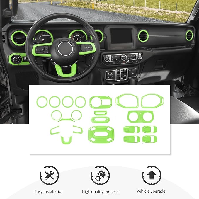 21PCS Light Green Interior Trim Kits Fit for 2018-2023 Jeep Wrangler JL JLU & Gladiator JT 4Door Interior Decor Accessories Dashboard AC Headlight Switch Roof Speaker Inner Door Bowl Steering Button