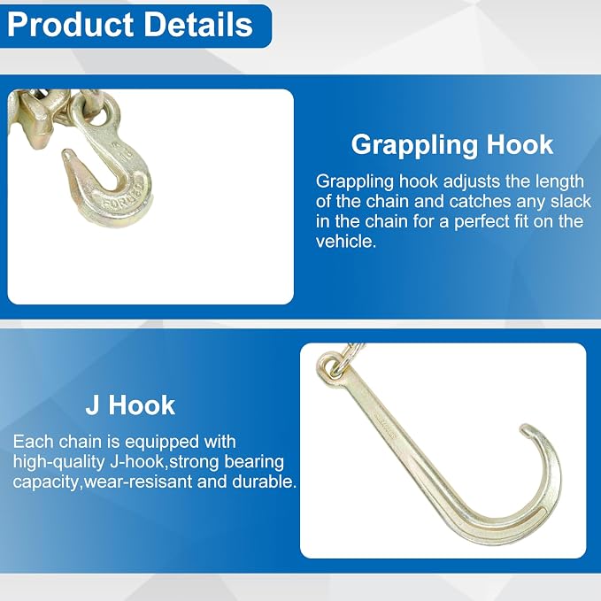 2 Pack 5/16 Inch x 6 ft Grade 70 Tow Chains with 15 Inch Long Shank J Hook and R T J Cluster & Grab Hooks, 4700 lbs Working Load Limit