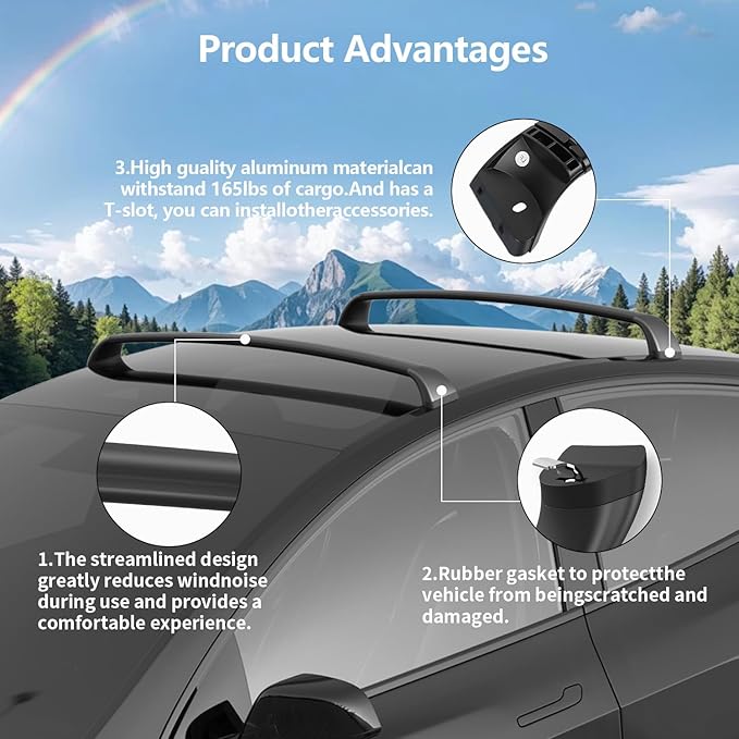 Lockable Roof Rack Crossbars for Tesla Model Y 2020-2024 | No Drill Noiseless Aluminum Cargo Bars | Luggage Kayak Bike Ski Roof Rack Carrier