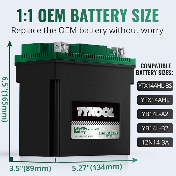 TYKOOL LFP14AHL-BS-STD Lithium Battery, Replaces YTX14AHL-BS, 420CCA 7Ah Fits for Motorcycle ATV Scooter, Compatible with Kawasaki KLR650 Suzuki Boulevard S40 Royal Enfield, Digital Readout [- +]