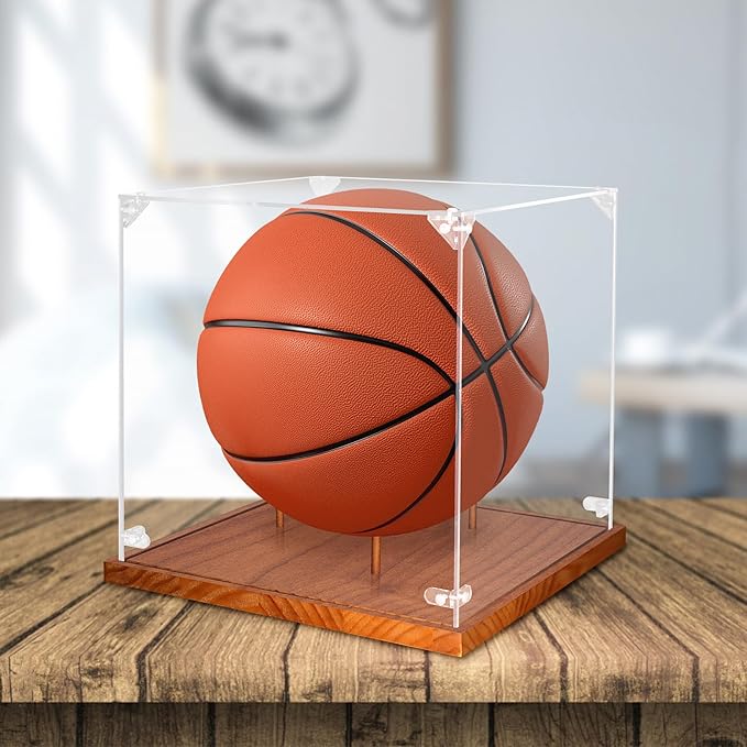 Hooqict Basketball Display Case Acrylic Clear 10" Full Size with Solid Wood Base UV Protected Basketball Holder Display Stand Case Square Box for Sports Collections Autographed Ball Memorabilia Gifts
