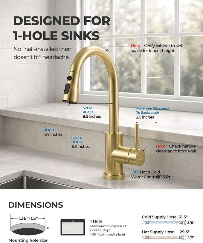 WEWE Kitchen Faucets with Pull Down Sprayer, Stainless Steel Single Handle 1 Hole for Family Kitchen Commercial Camper Laundry Rv Bar, Gold