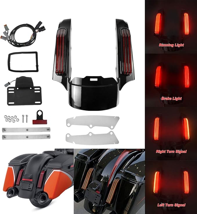Rear Fender Fascia Extension with LED Running Brake Turn Signal Light Set Fit For Harley Touring Electrac Glide Road King Road Glide Street Glide 2014-2024 (Red Lens)